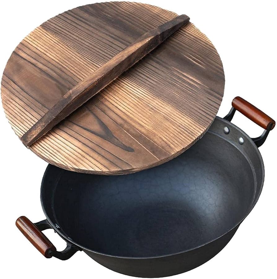 新品　鋳鉄/生鉄/中華鍋 麻製ハンドル 木製蓋付き 新品 鋳鉄/生鉄/中華鍋 麻製ハンドル 木製蓋付き